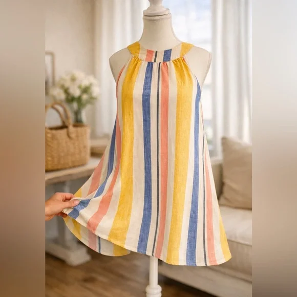 Coastal Grandmillennial Linen Stripe Dress XS Preppy Resort Effortless Summer - Picture 3 of 12